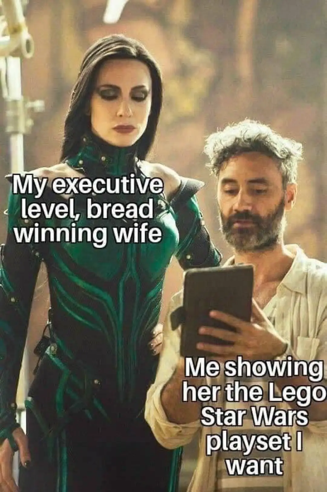 This meme is a humorous comparison between a person's domestic life and their online gaming habits. The image features a woman (played by Gemma Chan) from the movie Eternals, dressed in a fantastical outfit, standing next to a man (played by Idris Elba) who is holding a tablet. The text on the image reads: "My wife: My executive level, bread-winning wife. Me: Showing her the Lego Star Wars playset I want." The meme pokes fun at the idea that a man might try to impress his wife by showing her a toy he wants to buy, implying that he's trying to justify his desire for a Lego Star Wars playset as a way to impress her.