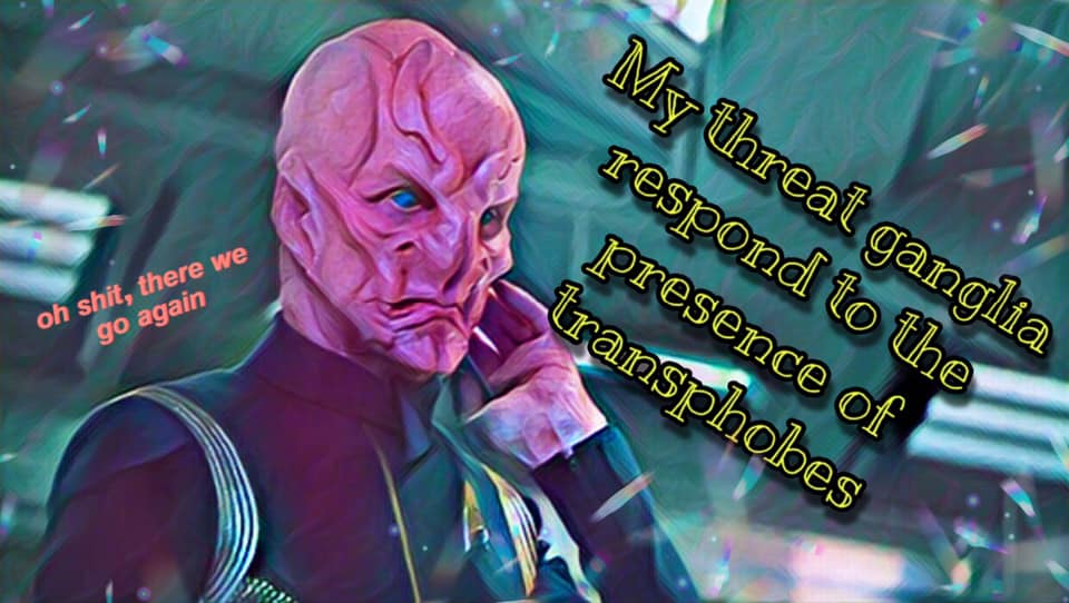 This meme features a character from the Star Trek: Deep Space Nine series, with a caption that reads "I can see you're just going to have to trust me on this one." The image is a humorous take on a character's reaction to being threatened by a group of alien creatures. The character's expression is one of annoyance and frustration, with a hint of exasperation.