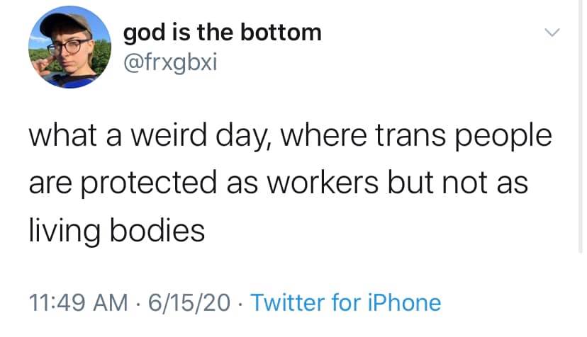 This meme is a screenshot of a Twitter post with a humorous tone. The text reads: "what a weird day, where trans people are protected as workers but not as living bodies". The post is likely a commentary on the disparity between the treatment of trans workers and trans individuals in general.