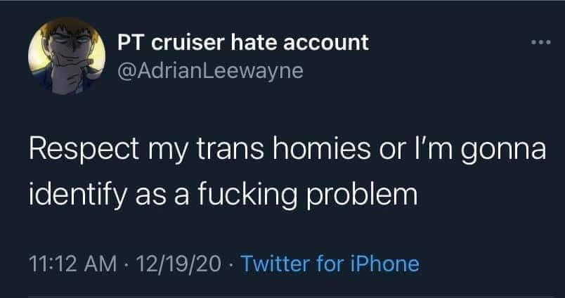 The meme is a screenshot of a Twitter post from an account called "PT cruiser hate account". The text in the image reads: "Respect my trans [expletive] friends or I'm gonna [expletive] kill you". The post is a humorous and irreverent statement, using strong language to express a desire to protect and respect the rights of trans individuals.