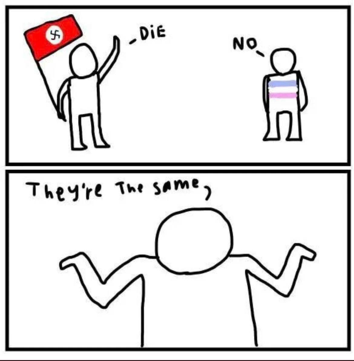 This meme is a simple, two-panel cartoon. In the first panel, a person holding a Nazi flag is saying "Die" (a German word for "die" or "kill") to a person holding a rainbow flag, indicating that they want the person to die. In the second panel, the person holding the rainbow flag responds with "They're the same", implying that the Nazi flag and the rainbow flag are equivalent, and that the person who was threatened with death is actually the same person as the person holding the Nazi flag.
