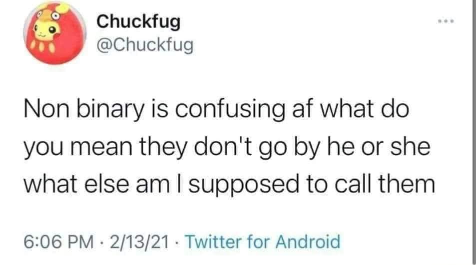 This meme is a screenshot of a Twitter post from the account "ChuckFug" (not "ChuckFug" as it seems to be misspelled). The text reads: "Non binary is confusing, I mean they don't go by what else am I supposed to call them?" The post is a tongue-in-cheek expression of frustration and confusion about how to address someone who identifies as non-binary.