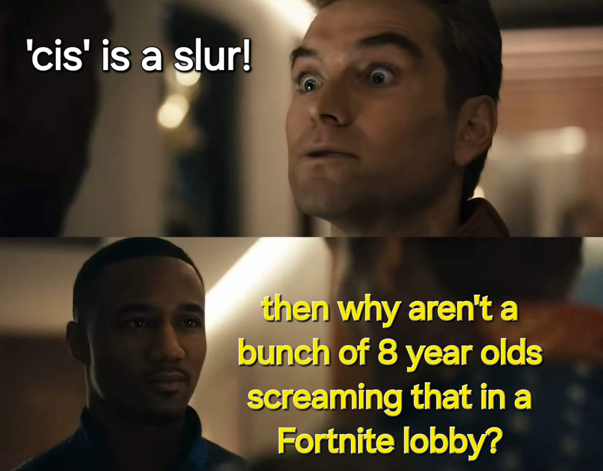 The meme is a humorous comparison between the shock and outrage of a character from a TV show (Doctor Who) reacting to a slur (a derogatory term for a trans woman) and a character from a TV show (The Office) reacting to a group of young children screaming in a public place. The text "cis" is a slur, and the text "in a Fortnite lobby" is a joke about the game Fortnite.