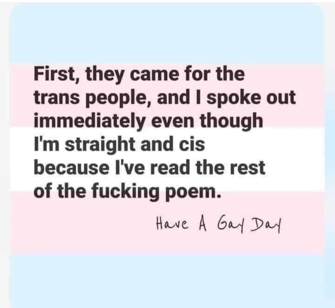 This meme is a humorous and sarcastic response to the idea of a trans person sharing their story. The text reads: "First, they came for the trans people, and I spoke out immediately even though I'm straight and cis because I've read the rest of the poem." The meme is poking fun at the idea that someone would claim to be an ally to the trans community just because they've read a poem about it.