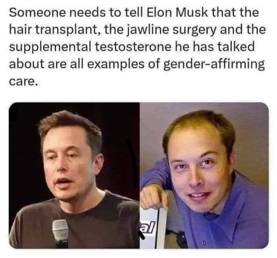 This meme is a photo of Elon Musk with a caption that reads: "Someone needs to tell Elon Musk that the hair transplant, the jawline surgery, and the supplemental testosterone he's been talking about are all examples of gender-affirming care." The image shows Elon Musk with a more masculine appearance, implying that he has undergone various cosmetic and medical procedures to enhance his appearance. The caption is a humorous way of pointing out that Musk's efforts to look more masculine are actually a form of gender-affirming care, which is a topic of controversy and debate.