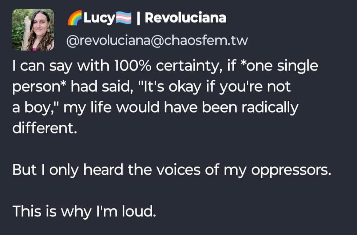The meme is a tweet from a trans woman named Lucy, who expresses her frustration with the voices of her oppressors. She says she can say with 100% certainty that if she had said "It's okay if you're not a boy, my life...