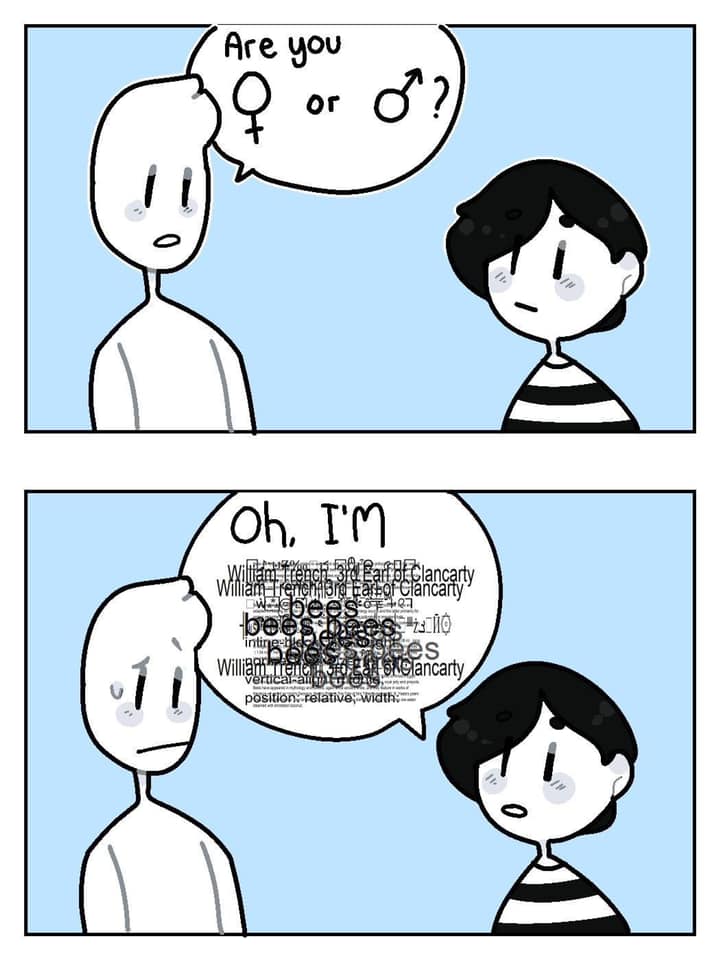 This meme is a humorous exchange between two individuals. The first person asks "Are you a man or a woman?" and the second person responds with a cryptic message that reads "I am a collection of words that describe a person". The image is likely a visual representation of a person's identity being replaced with a list of words that describe them, such as "human", "mortal", "living", etc.