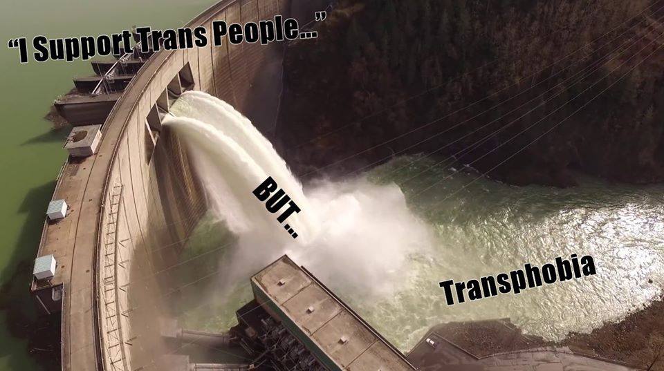 This meme is a humorous image of a dam with a massive flood of water spilling out. The text at the top reads "I support trans people" and at the bottom says "But...". The image is a play on the phrase "I support trans people" by implying that the speaker is about to reveal a shocking or disturbing statement, but the text "But..." is cut off by the image of a dam bursting, implying that the speaker's true feelings are being flooded out.