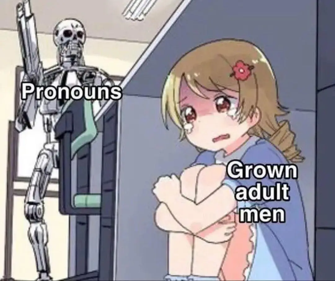 This meme is a play on the popular sci-fi franchise "Terminator." It features a character from the franchise, a Terminator, standing in front of a door with a sign that says "Pronouns" on it. The Terminator is saying "I'll be back" to the sign, implying that it will return to address the issue of pronouns, which are a way of referring to someone by their desired name or title.