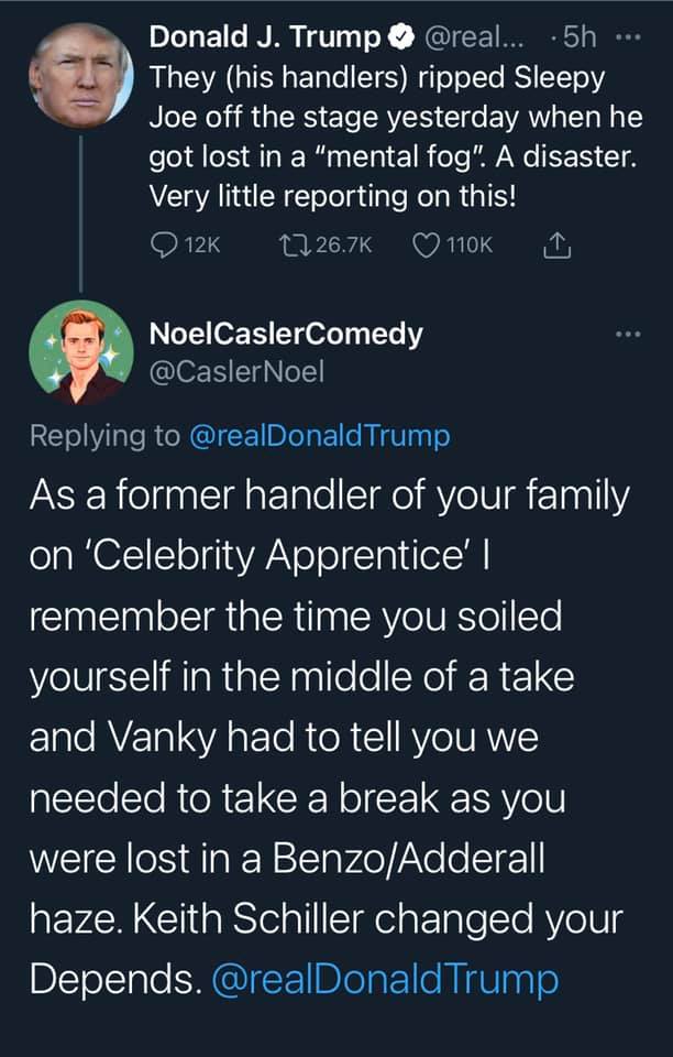 This meme is a screenshot of a Twitter exchange between Donald Trump and comedian Noel Casler. The image shows a tweet from Trump where he claims he was "robbed" of a TV show victory, and a response from Casler where he sarcastically tells Trump to "win" his next election. The text of the tweet is: "Just watched @NoelCaslerComedy on @TuckerCarlson and was robbed of my TV show, I got 1st place, 2nd place, 3rd place, and they stole 1st place from me, it's true, and I won it, I am going to win it."