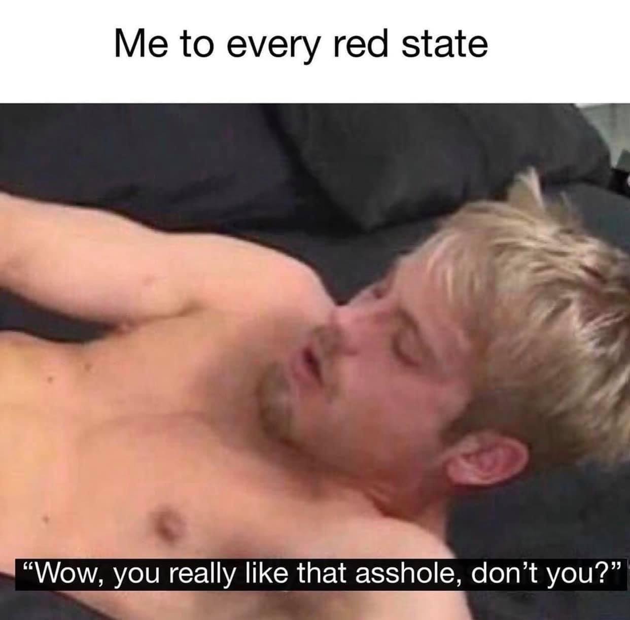 This meme is a humorous image of a person sleeping with a caption "Me to every red state" implying that the person has a strong, possibly negative, reaction to the people or politics of a particular region. The image is accompanied by the text "Wow, you really like that asshole, don't you?" which is a sarcastic comment implying that the person is being overly supportive or enthusiastic about someone or something they dislike.