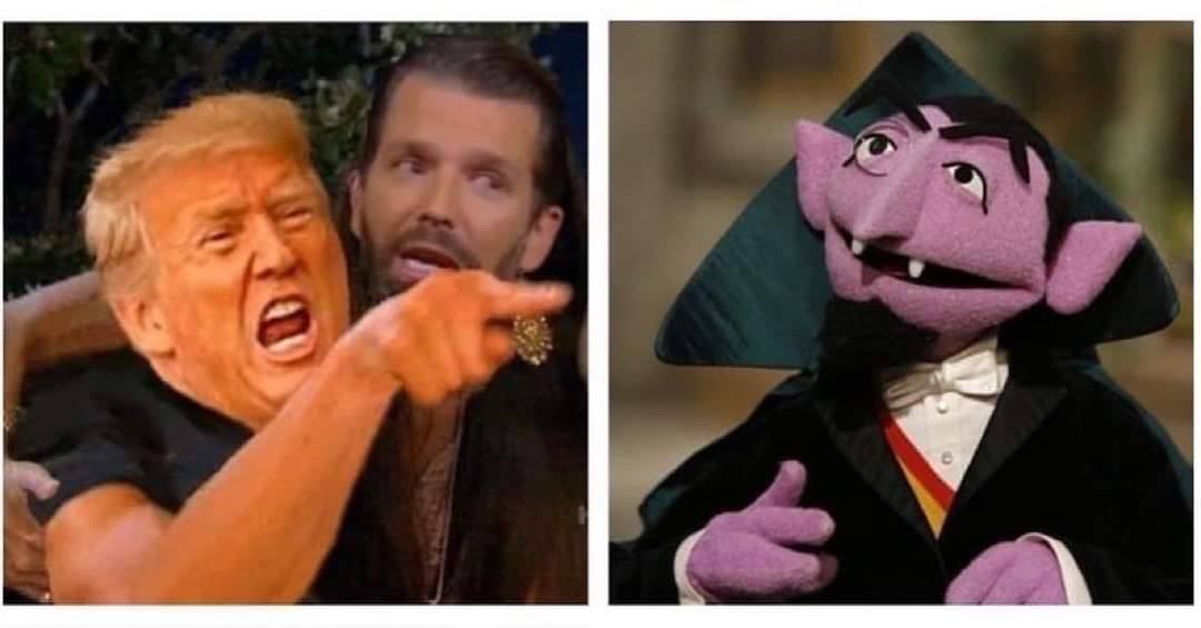 This meme features a split-screen image with Donald Trump on the left and the character Count von Count from Sesame Street on the right. The image is captioned "When you're trying to be scary but you're actually just a count" and is likely meant to poke fun at Trump's attempts to be intimidating. The contrast between Trump's serious expression and the Count's goofy, friendly demeanor is meant to be humorous.