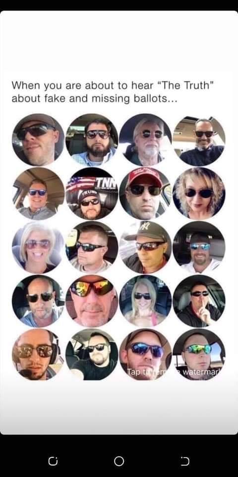 This meme is a screenshot of a social media post that appears to be a collection of photos of people wearing sunglasses. The text above the photos reads, "When you're about to hear 'The Truth' about fake and missing ballots." The implication is that the people in the photos are all somehow connected to a conspiracy theory about election fraud.