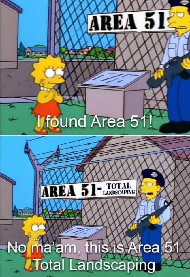 This meme is a play on the 2021 incident where the US military accidentally shot down a Chinese spy balloon, which was mistaken for a UFO. The meme features a scene from The Simpsons, with the character Lisa saying "I found Area 51" and then correcting herself to say "I found Area 51, no ma'am, this is Area 51, total landscaping". The text is a humorous reference to the military's mistake, implying that the area is actually a landscaping project.