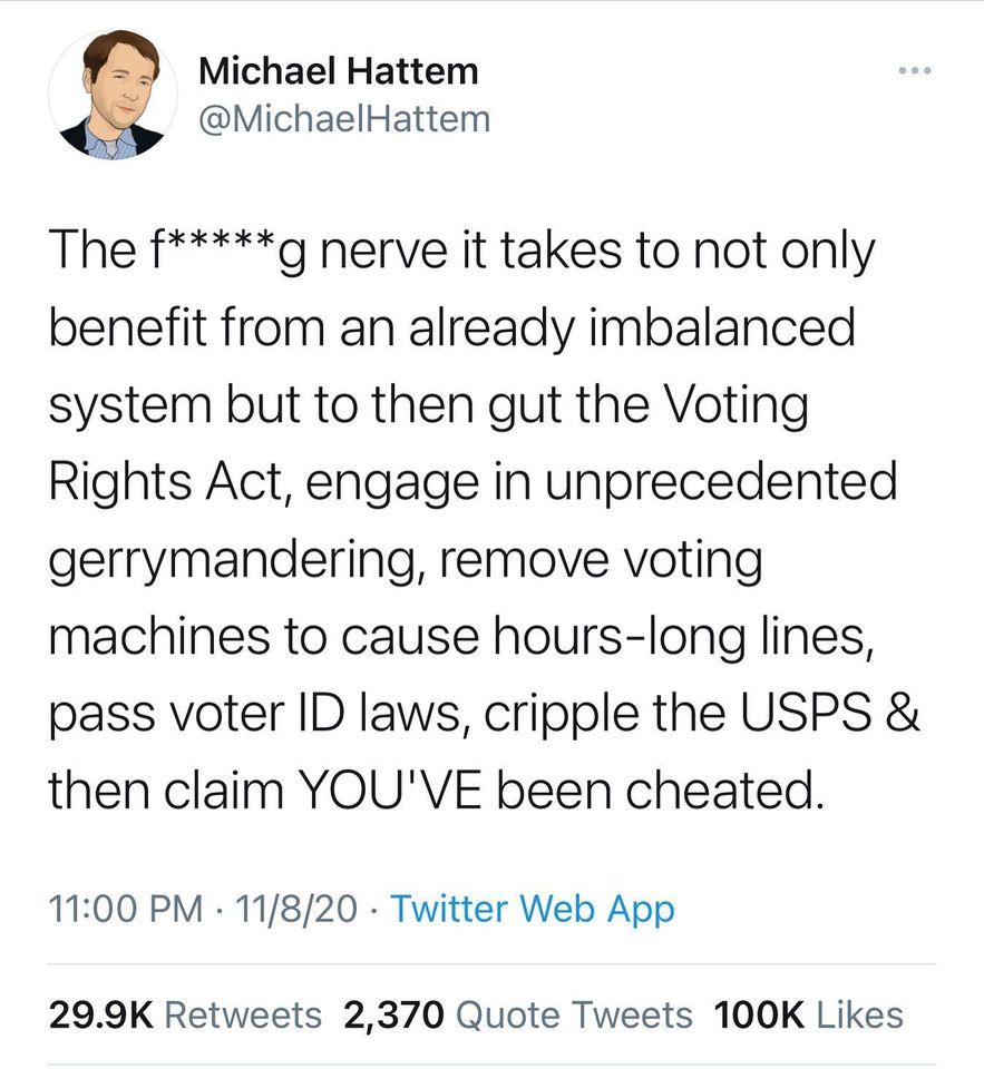 This meme is a humorous rant about the 2020 US presidential election and the 2020 US presidential election's aftermath. The text reads: "The f***ing nerve it takes to not only benefit from an already imbalanced system but to then gut the Voting Rights Act, engage in unprecedented gerrymandering, remove voting machines to cause hours-long lines, pass voter ID laws, cripple the USPS, and then claim YOU'VE BEEN CHEATED."