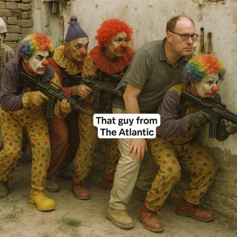 This meme is a screenshot from the 1997 film "Tropic Thunder," where a group of actors are pretending to be soldiers in a war zone. The image shows the actors cowering behind a wall, while a man (played by Tom Cruise) stands in front of them, shouting orders. The text overlaid on the image reads "That guy from The Atlantic" and "They're not even pretending to be soldiers."