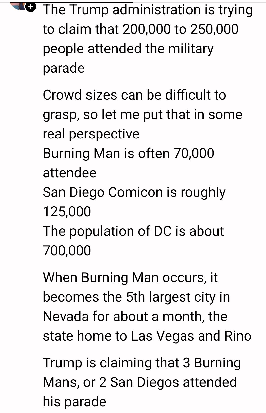 This meme is a screenshot of a text post that mocks the Trump administration's claims about the size of the crowd at the 2017 inauguration. The text post claims that the administration is trying to downplay the size of the crowd, saying it was only 200,000-250,000 people, when it was actually over 800,000. The post also points out that the crowd was much larger than the Trump administration claimed, and that the president's claims about the crowd size are "a lie."