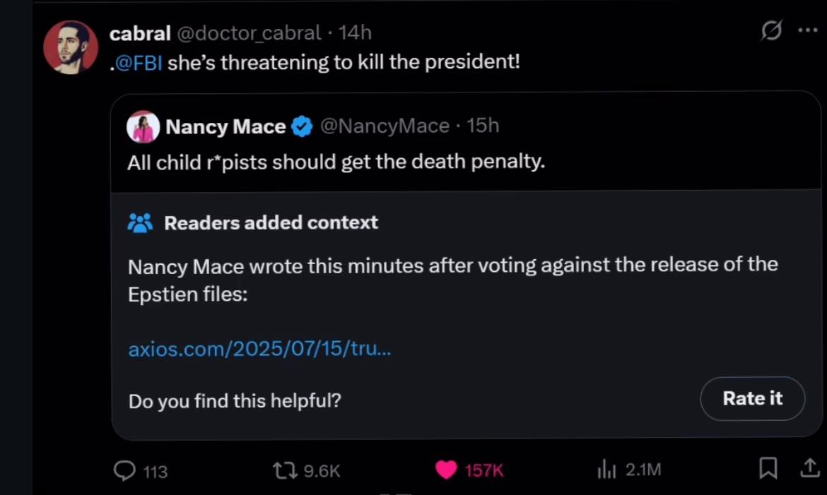 This meme is a tweet from Nancy Mace, a US politician, responding to a tweet from cabal (or cabal) where they said they were going to kill the President. She jokes that if they actually did, they would be facing the d...