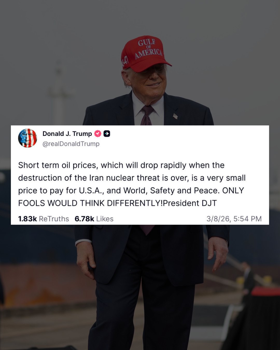 The meme is a satirical image of former US President Donald Trump, using his own tweet to mock his own lack of understanding of the Iran nuclear threat's impact on oil prices. The tweet is a quote of his own tweet, wh...
