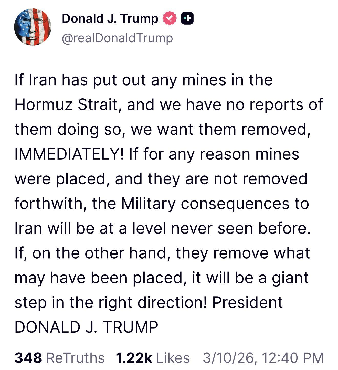 This meme is a satirical take on former President Donald Trump's tweets. The image shows a tweet from Trump's account, where he claims that if he had known about the mines in the Hormuz Strait, he would have immediate...