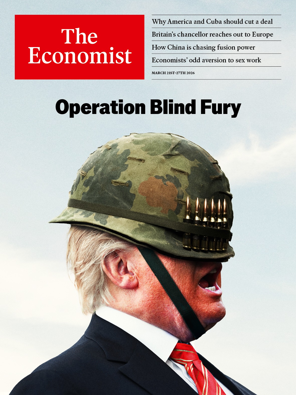 The meme features an image of Donald Trump wearing a helmet with a camouflage pattern, but with a twist: the camouflage pattern is actually made up of bullets. The text "Operation Blind Fury" is written above the imag...