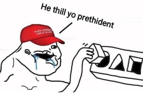 The meme is a play on the phrase "you're not going to get it" and features a drawing of a frog wearing a "Make America Great Again" hat. The frog is depicted with a confused expression and is saying "you're not going to get it" to someone off-panel. The text "he thill yo prethident" is written above the frog, with a typo in the word "president".