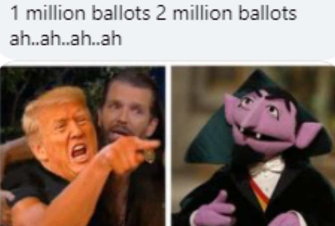 The meme is a split-screen image with a photo of Donald Trump on the left and a character from Sesame Street, Count von Count, on the right. The text above the images reads "1 million ballots 2 million ballots". The meme is likely poking fun at the idea that the number of ballots in an election is being exaggerated or distorted, with the Count's "ah, ah, ah" sound effect implying that something is not quite right.
