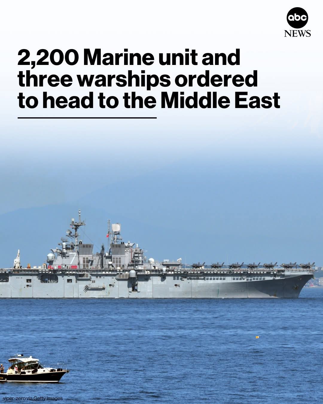 The meme is a news article screenshot with the title "2,200 Marine unit and three warships ordered to head to the Middle East" from a news source like ABC News. The article is likely a response to a news event or a mi...
