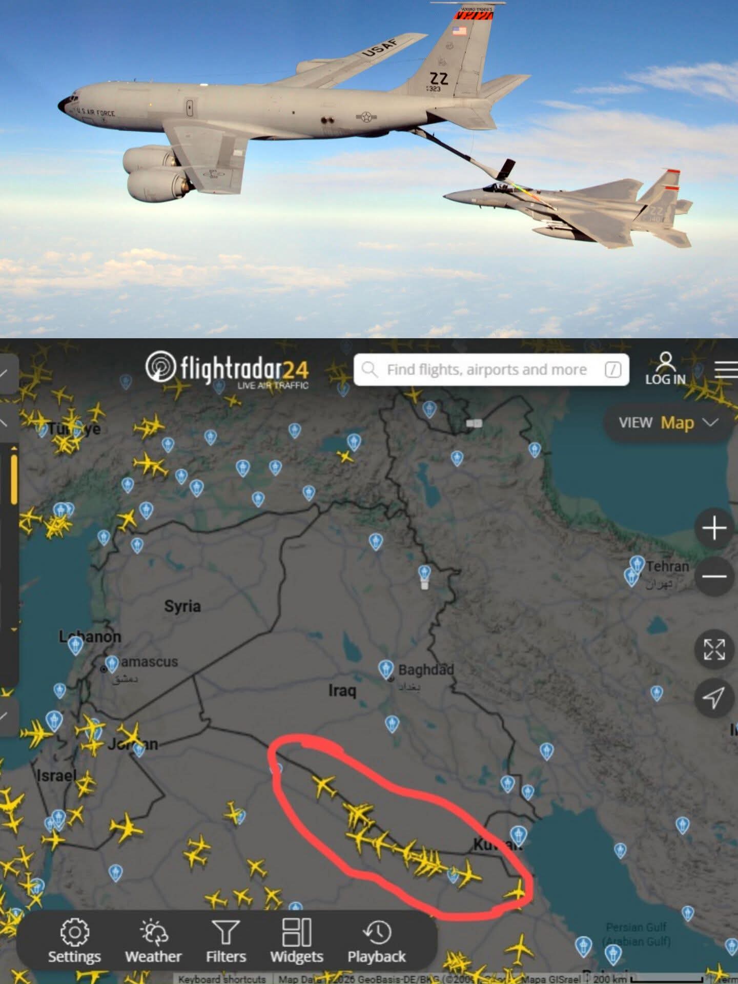 The meme is a screenshot of a flight radar app showing multiple planes flying over the Middle East, with a red circle around a specific route. The text "TREASON" is written above the circle, implying that the flight i...