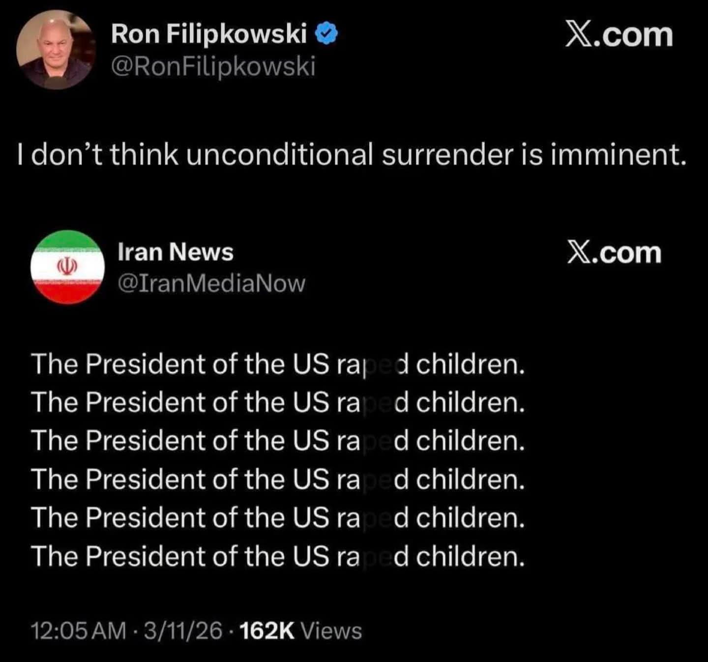 The meme is a Twitter post from Ron Filipkowksi, a conservative commentator, responding to a news article from Iran News, a news outlet that has been known to have a pro-Iranian and anti-Trump perspective. The post is...