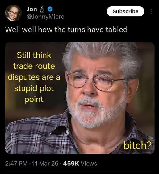 The meme is a satirical image of former US President Donald Trump, with a quote about trade disputes. The image is captioned "Still think trade route disputes are a stupid plot point" and features a photo of Trump wit...