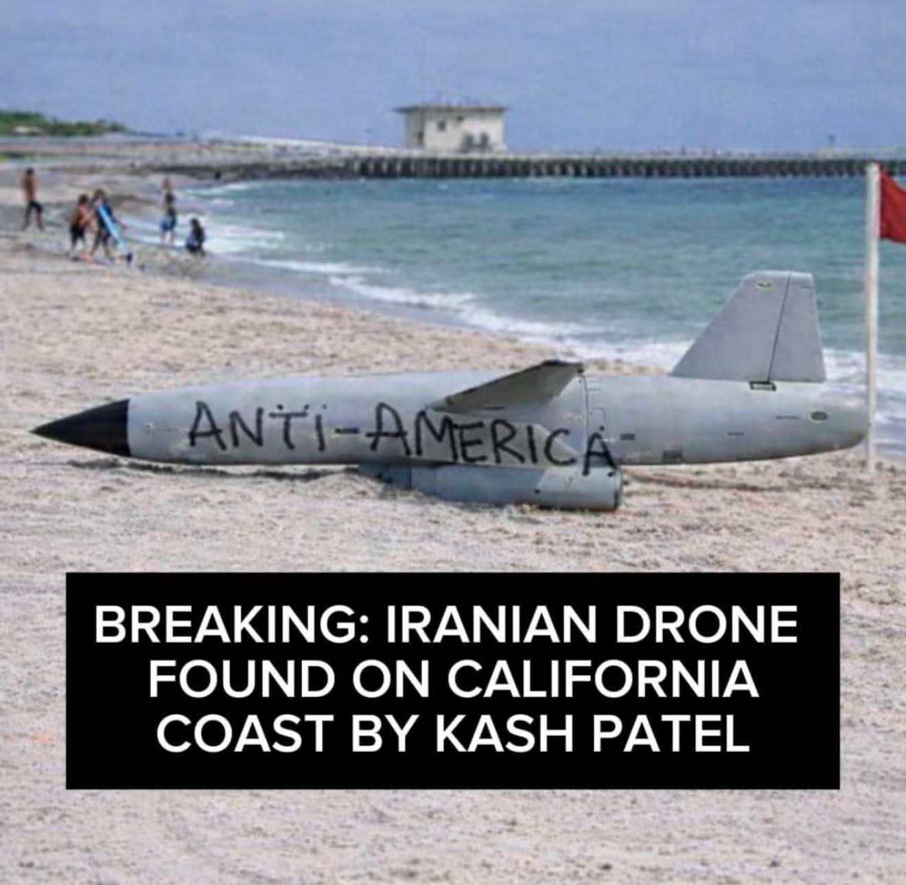 The meme features a photo of a beach with a drone on the sand, with the words "Anti-America" and "Anti-Trump" written on it. The image is meant to be humorous, implying that the drone is a symbol of anti-American or a...