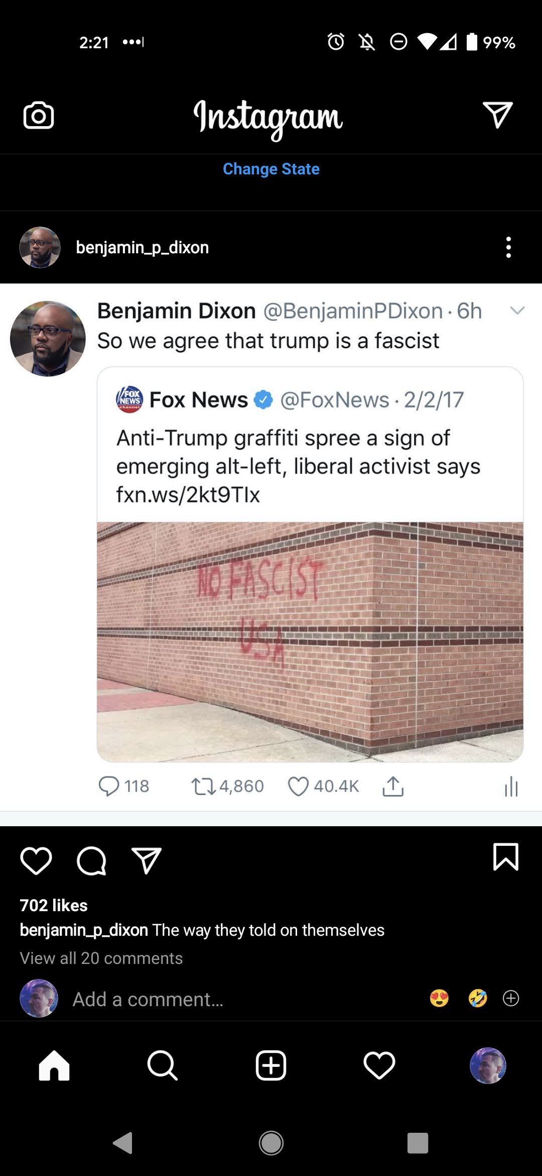 This meme is a screenshot of a Twitter post from a user named Benjamin Dixon, who is a journalist and commentator. The post is a response to a news article about the rise of fascism in the US, and it features a photo of a graffiti-covered brick wall with the words "NO FASCIST USA" written on it in red letters. The text of the post reads, "So we agree that Trump is a fascist."