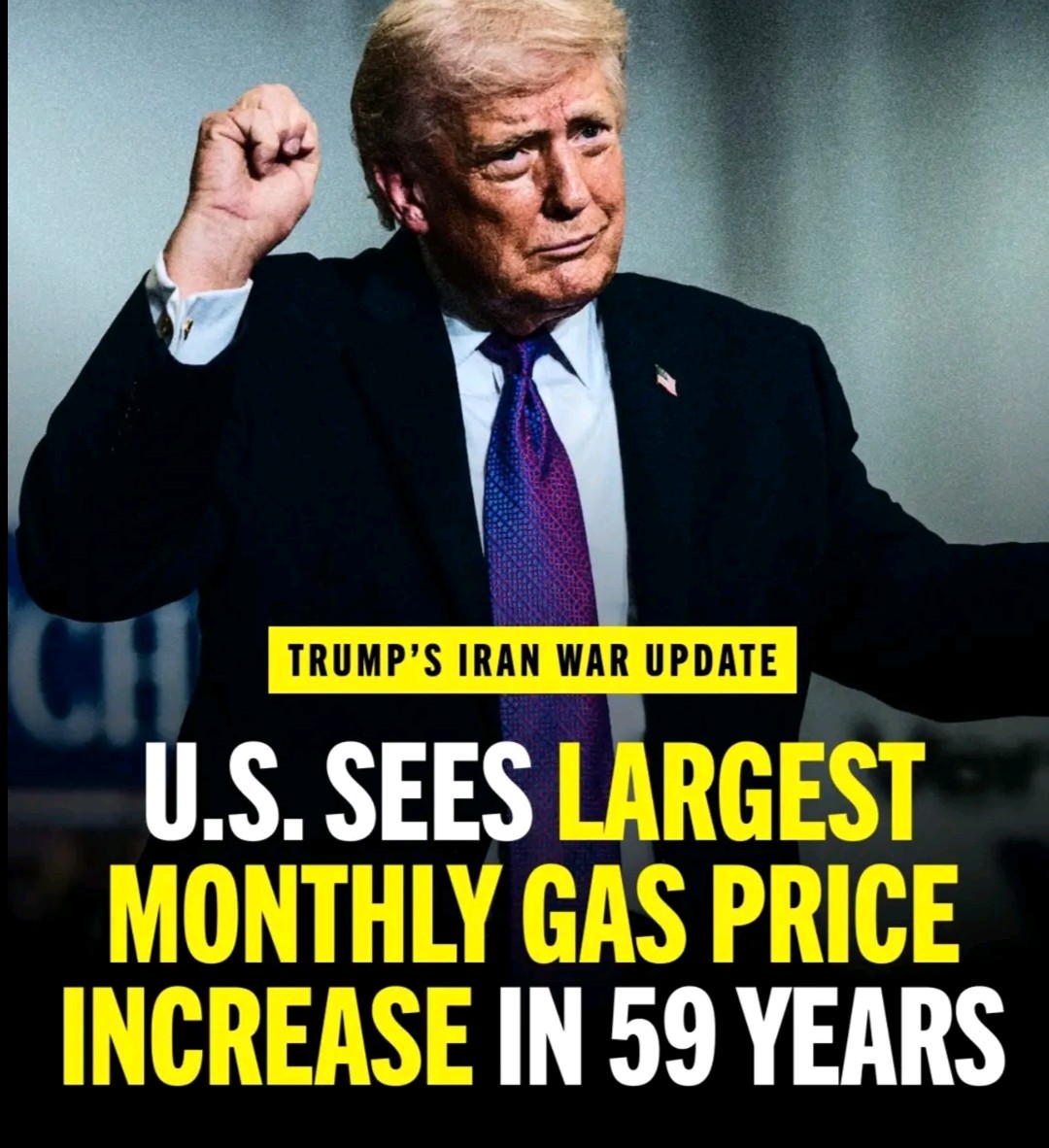 This image depicts Donald Trump smiling broadly while raising his fist in a gesture of triumph. The yellow banner above his head reads "TRUMP'S IRAN WAR UPDATE," while the large text below claims that "U.S. SEES LARGE...