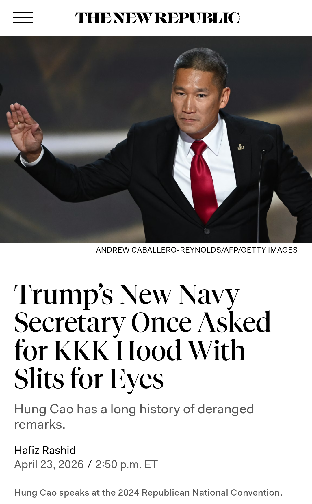 This meme plays on the irony of a man (Hung Cao) wearing a suit and tie while holding up a hand, presumably taking an oath as a high-ranking official like New Navy Secretary. The headline reads: **"Trump’s New Navy Se...