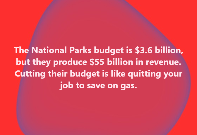 The meme is a humorous comparison between the National Parks budget and the US government's budget. It states that the National Parks budget is $3.6 billion, but the US government's budget is $3.6 trillion, implying that the National Parks budget is a tiny fraction of the government's overall budget. The text also jokes that the National Parks budget is so small that it's like they're "quitting your job to save on gas".