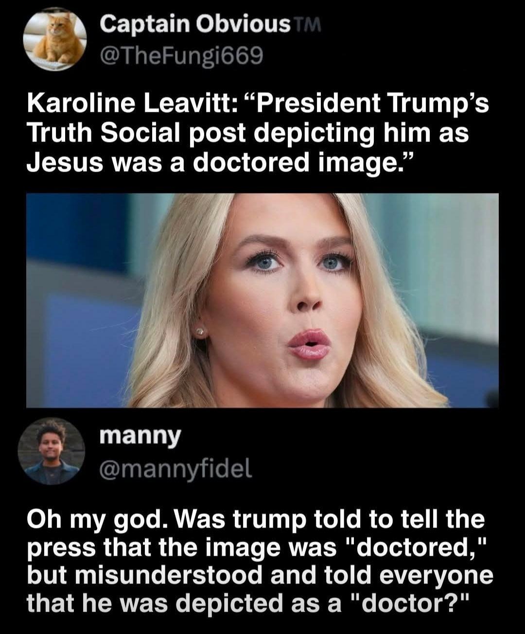 This political meme mocks how an anti-Trump supporter interprets events versus how President Trump likely misinterpreted a statement by Karoline Leavitt. The top tweet quotes her claiming a post depicting him as Jesus...