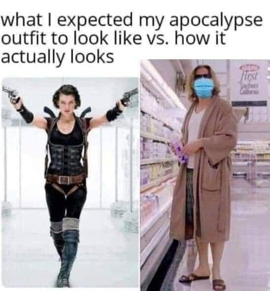 This meme is a humorous comparison between how people might imagine themselves surviving a zombie apocalypse (in a stylish and intimidating outfit) versus how they actually would in reality (in a sloppy and practical outfit). The text at the top reads, "What I expected my apocalypse outfit to look like vs. how it actually looks."