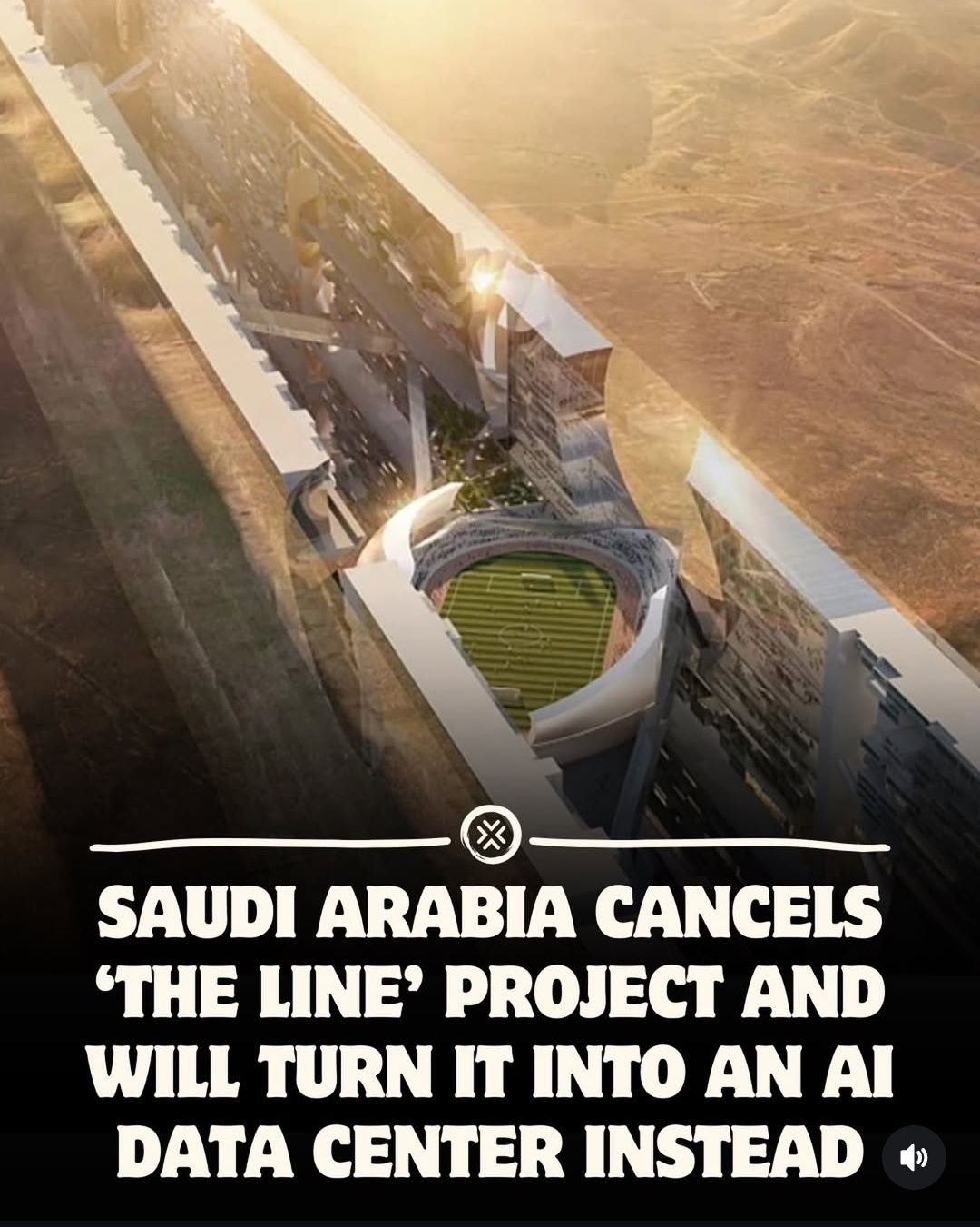 The meme is a commentary on the cancellation of a futuristic city project called "The Line" in Saudi Arabia. The image shows a rendering of the city's design, with a large, curved building and a central park. The text...