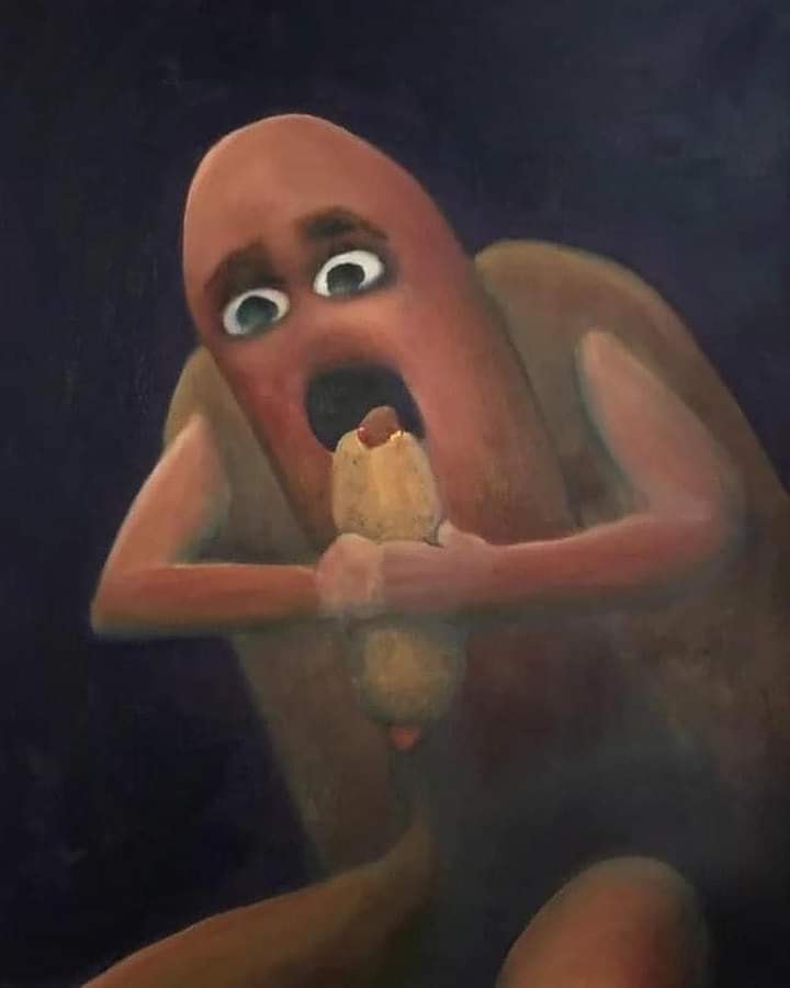 The meme is an image of a cartoon hot dog with a human-like body, wearing a suit and tie, with a shocked expression on its face. The image is captioned "When you realize you've been eating the same 3 hot dogs for 3 hours". The hot dog's expression is exaggerated, with its eyes wide and its mouth open in a comical, cartoonish way.