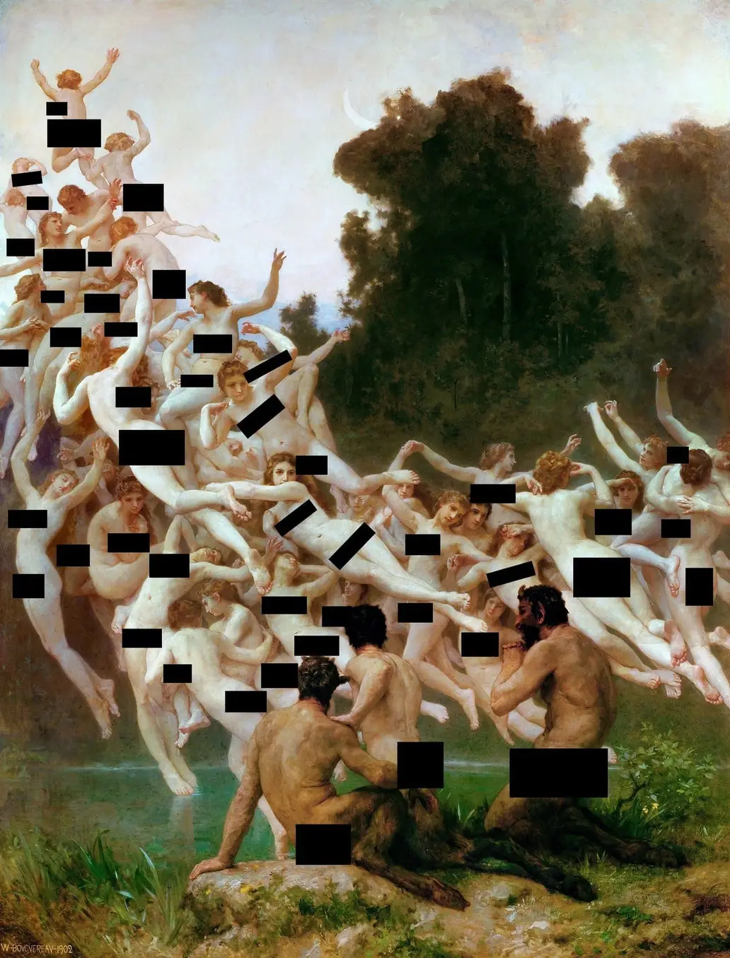 This meme is a modified version of the famous painting "Olympia" by Edouard Manet. The image has been altered to depict the female figures in the painting as being completely naked, with their bodies covered in black rectangles. The text "I can see your nipples" appears in the image.