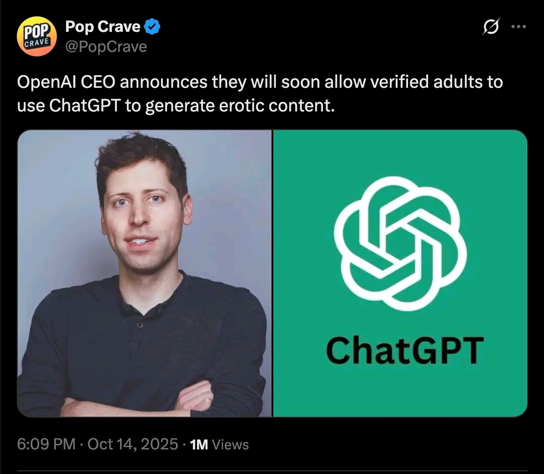 The meme is a screenshot from a tweet announcing that OpenAI's CEO, Sam …, will allow verified adults to use the AI chatbot ChatGPT to generate erotic content. The image shows a tweet with a photo of the CEO, a tweet...
