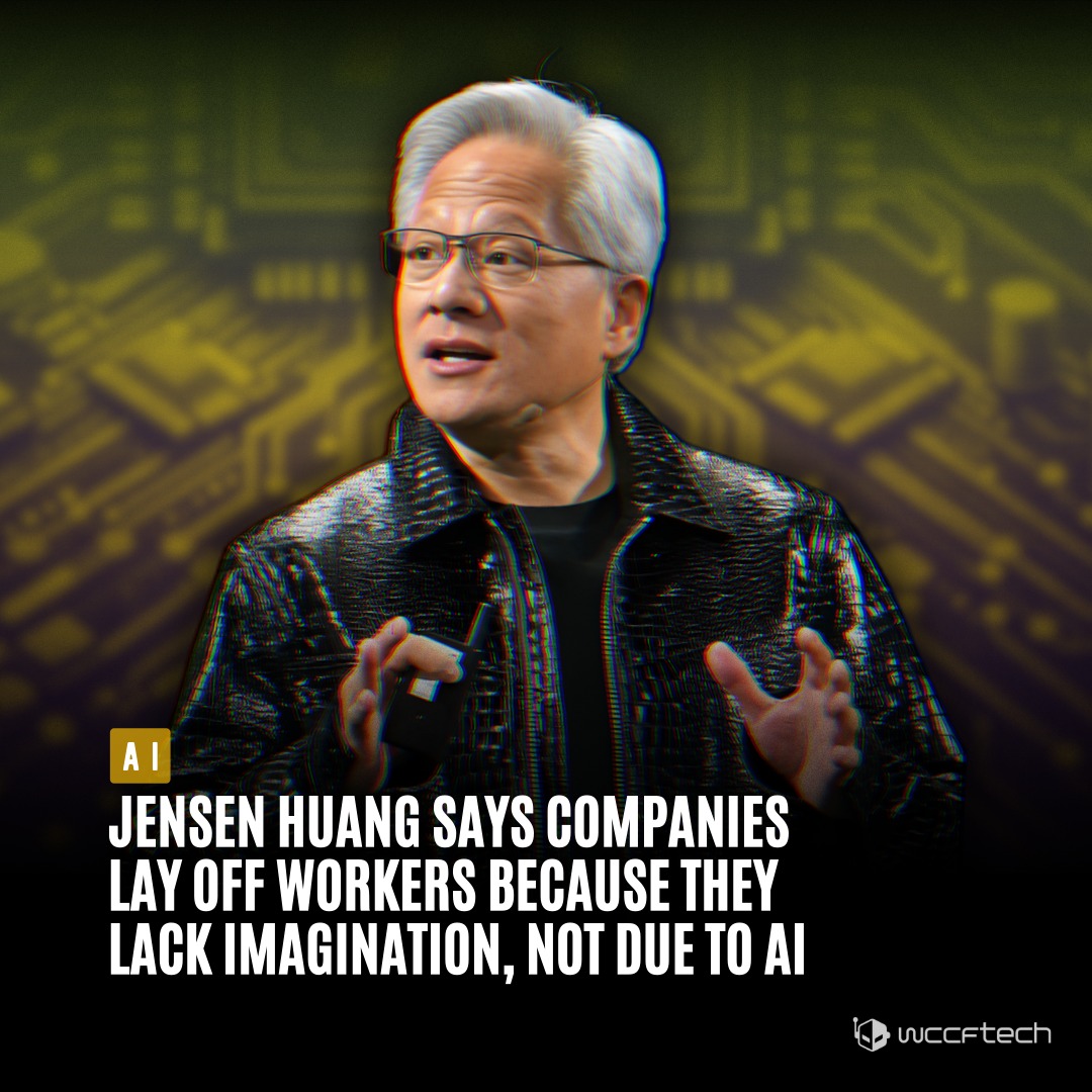 The meme features a photo of Jensen Huang, NVIDIA's CEO, with the text "Jensen Huang says companies lay off workers because they lack imagination, not due to AI." The image is overlaid with a yellow and purple circuit...