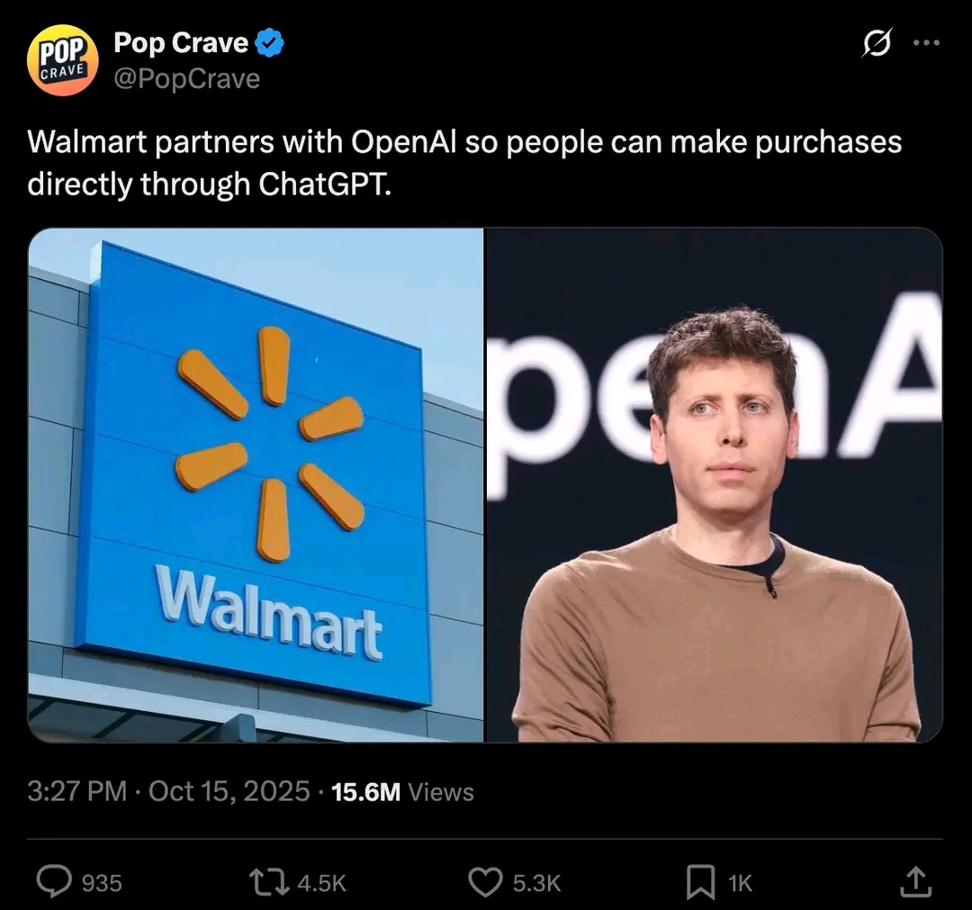 The meme is a screenshot of a Twitter post from the account "Pop Crave" (formerly known as "Pop Crave") with a caption: "Walmart partners with OpenAI to make purchases directly through ChatGPT." The image on the left...