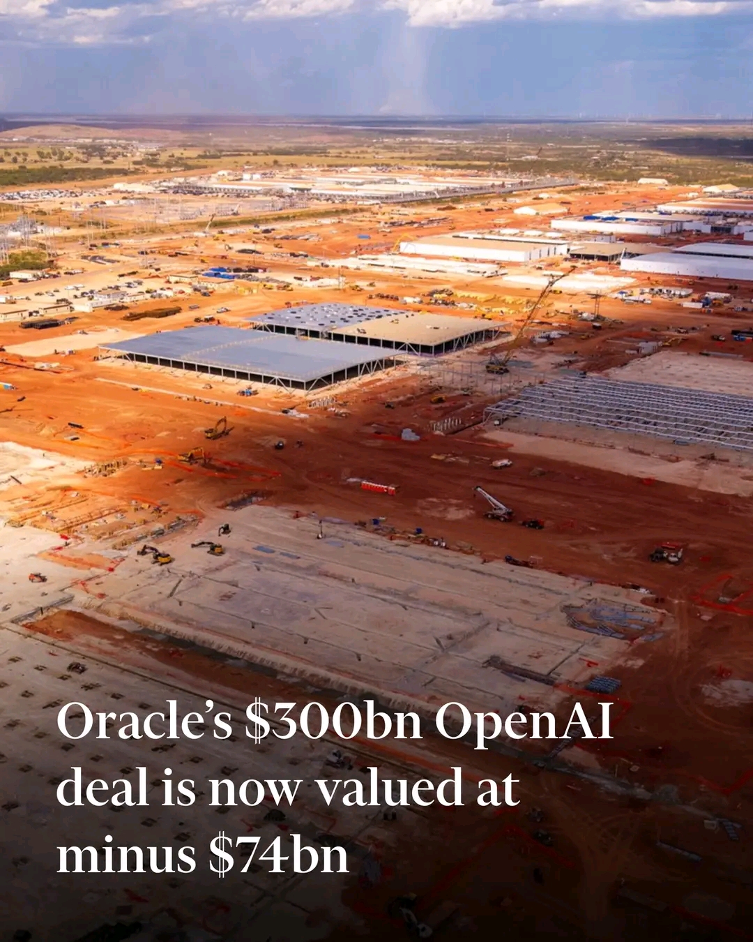 The meme is a humorous take on the massive $300 billion deal between Microsoft and OpenAI, with a photo of a massive, empty, and seemingly abandoned construction site. The image is captioned "OpenAI's $300bn deal is n...