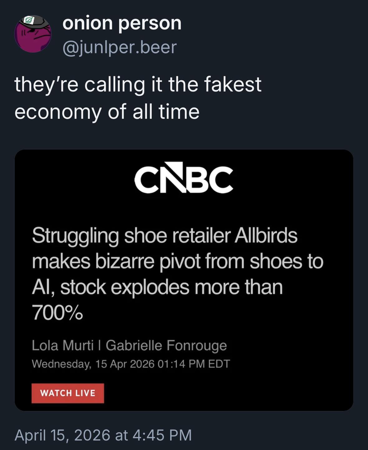 This image depicts a social media post reacting to news about an artificial intelligence startup pivoting away from its original shoe business while it is already failing at that first venture. The user's comment mock...