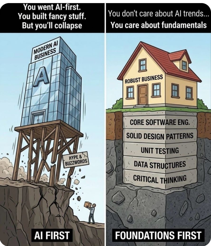 The left side shows a towering skyscraper labeled "Modern AI Business" leaning precariously off the edge of a cliff, while a warning sign suggests its stability is built on "Hype & Buzzwords." This contrasts with the...
