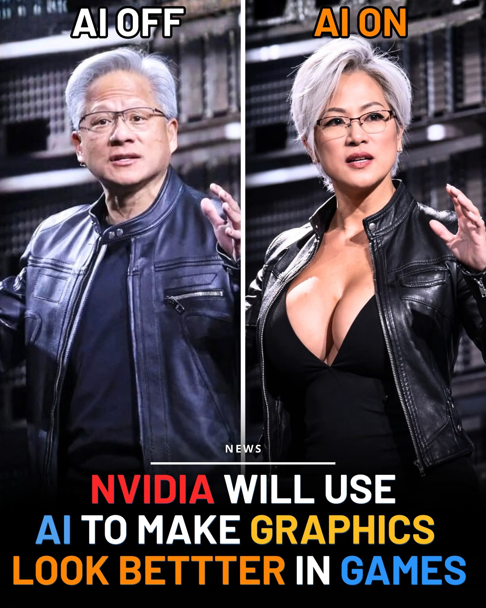 This meme is a satirical comparison of the impact of AI on graphics. The image features a before-and-after split, with a photo of a person on the left and another on the right, both with the same expression and pose....