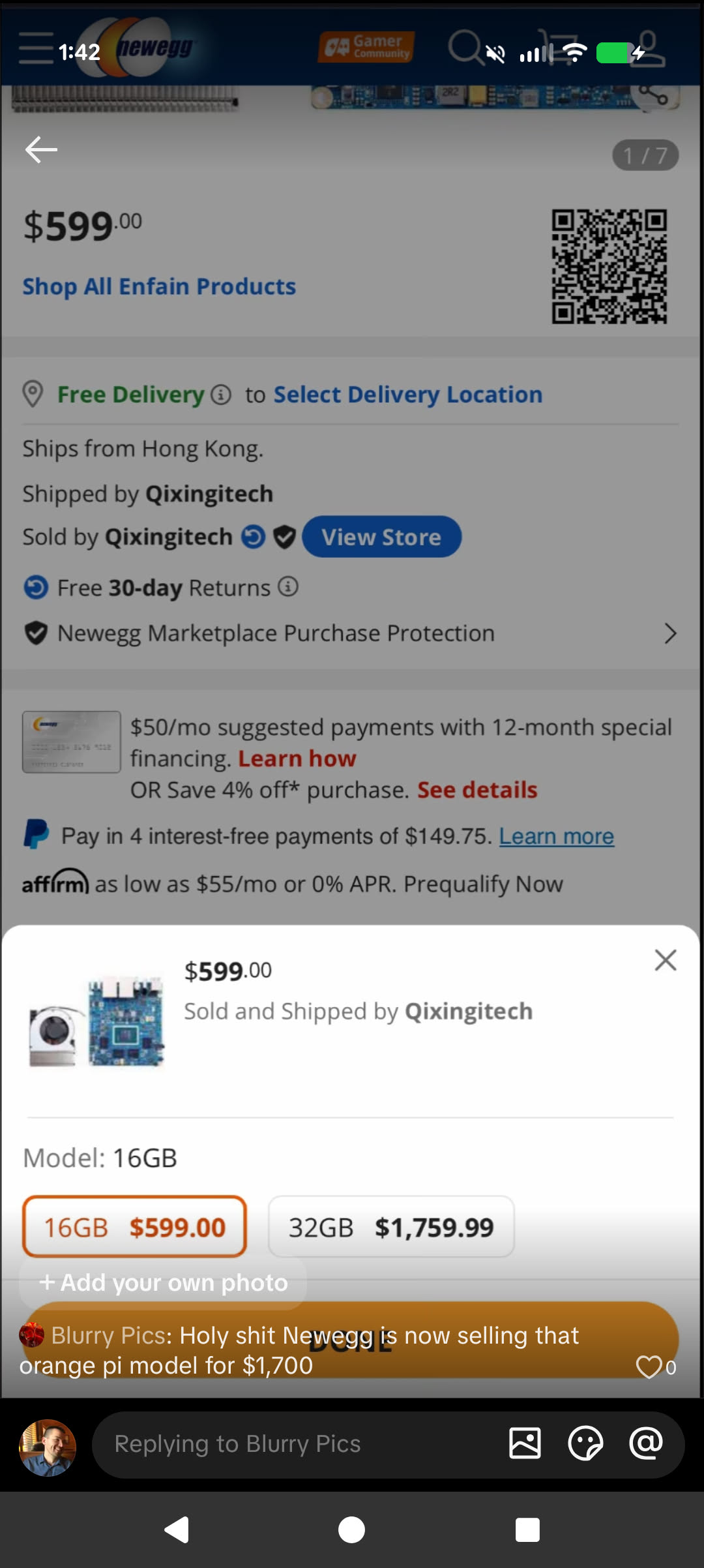 The meme is a screen shot of a Newegg product listing for a 16 GB Orange Pi model. The listing is asking for $599.00. The description includes: "Blurry Pics: Holy sh*t Newegg is now selling that Orange Pi model for $1...