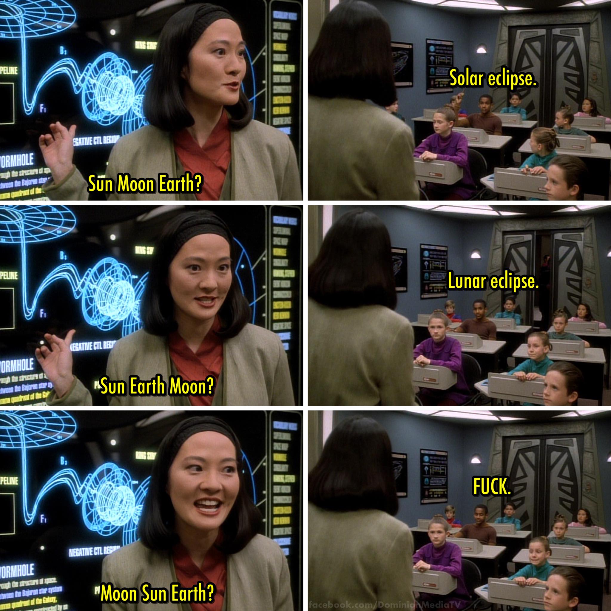 This meme is a humorous exchange between a teacher and a student, where the student is trying to trick the teacher into giving them a day off for a celestial event. The student asks if the teacher knows what "a solar eclipse" is, and the teacher responds with a series of increasingly absurd answers, finally ending with "F*** you, kid".